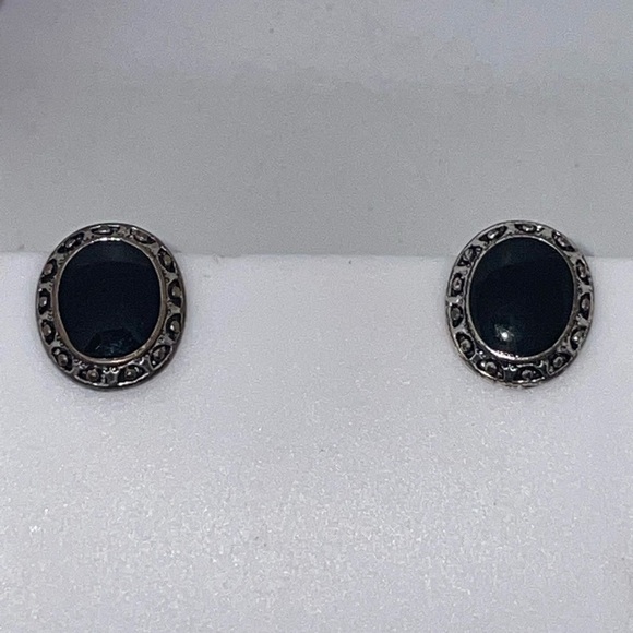 Pierced Earrings Sterling Onyx Marcasite Signed Sophisticated Fine Jewelry
